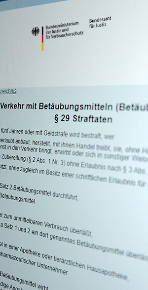 Ausschnitt eines Gesetzestextes des Bundesministeriums der Justiz zu Straftaten nach § 29 Betäubungsmittelgesetz